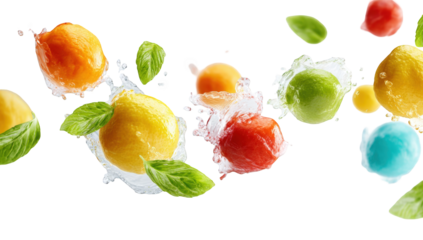 Colorful fruit spheres in water splashes