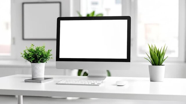 Minimalist workspace featuring a computer with blank screen