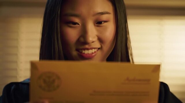 Young woman joyfully opening an envelope indoors, with soft lighting and window blinds in the background