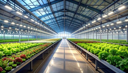 Modern greenhouse facility showcasing rows of vibrant plants under bright LED lighting.