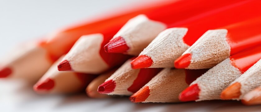 Close-up of ened colored pencils arranged in a row showcasing vibrant red orange and pink shades with detailed wood and pigment texture