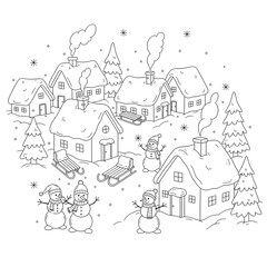 Fototapeta premium Charming winter village coloring page featuring snowy houses, festive snowmen, and evergreen trees under a gentle snowfall