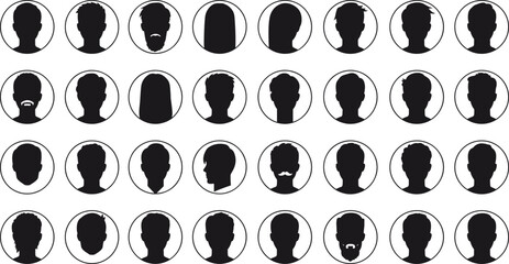 Collection of diverse male and female avatar silhouettes in circular frames, modern hairstyle and beard styles, vector profile icon set