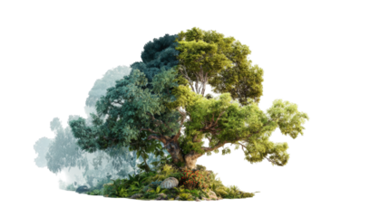 A stylized, composite image of a large tree with a soft, cloudy or misty effect around it