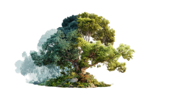A stylized, composite image of a large tree with a soft, cloudy or misty effect around it