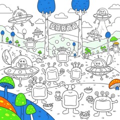 A delightful alien party on a distant planet, a fun space-themed coloring page illustration for children's activities