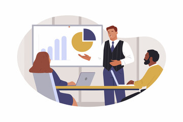 Diverse business professionals in a meeting presenting and discussing financial charts and data on a whiteboard