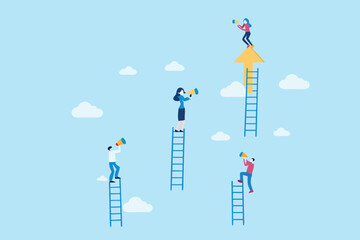 Diverse business people climbing ladders looking through telescopes towards future goals and opportunities