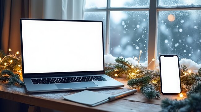 Laptop and smartphone on a wooden table with christmas lights and snowy window view
