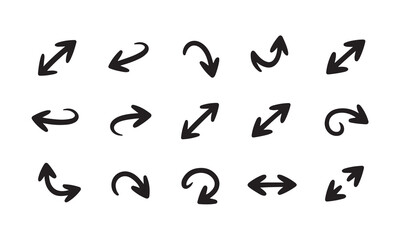 A collection of diverse hand-drawn arrow icons, showcasing various directions and curves.