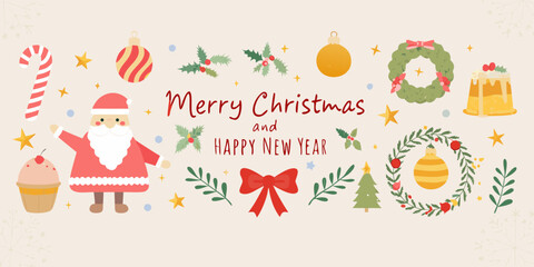 Cute christmas and happy new year greeting card with santa claus and festive decorations