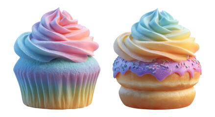 Colorful Cupcakes with Swirled Frosting on Transparent Background