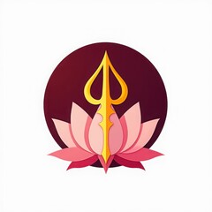 Golden trident symbol on a pink lotus flower inside a dark red circle, isolated on white background