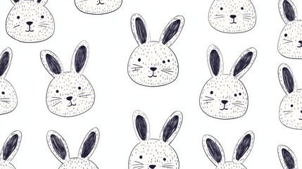 33.A charming illustration of minimalist bunny heads, evenly arranged in a seamless pattern. The delicate doodle-like style with fine black lines on a white canvas makes it ideal for baby textiles