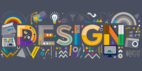 Creative graphic design elements and tools forming the word design with colorful abstract shapes and icons