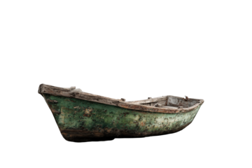 An old, weathered rowboat against a black background