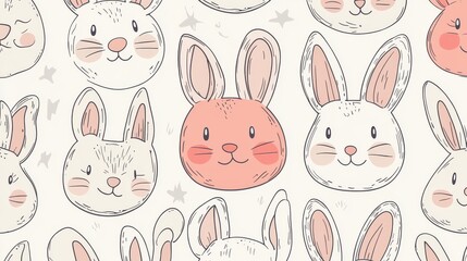 35.A delightful collection of hand-drawn kawaii bunny faces, arranged in a seamless pattern. The clean, fine-line drawings and neutral color scheme give it a modern, versatile look, perfect for
