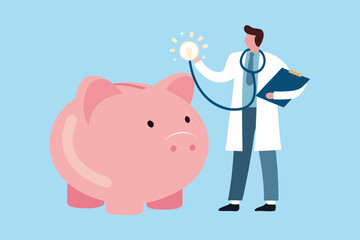 Doctor with stethoscope checking a piggy bank with a glowing light bulb symbolizing financial health and ideas