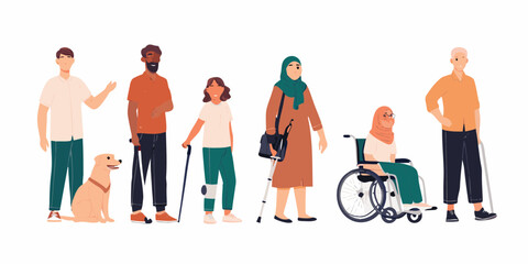 Diverse group of people with disabilities and a service dog standing together