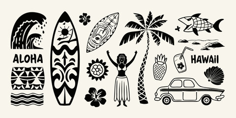 Collection of hawaiian themed black and white illustrations including surfboards palm trees aloha text and a classic car © Sunil123