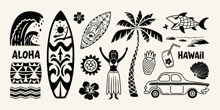 Collection of hawaiian themed black and white illustrations including surfboards palm trees aloha text and a classic car