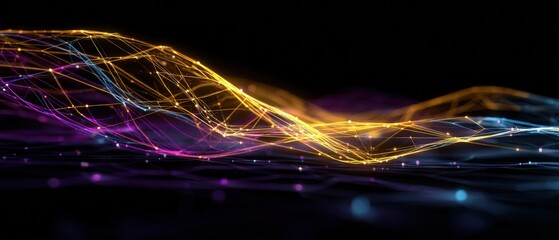 Dynamic colorful abstract light waves flowing across dark background with motion and energy, futuristic digital art design, vibrant visuals