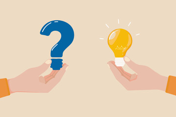 Two hands holding a blue question mark and a glowing light bulb representing problem solving and finding solutions