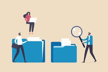 Business team organizing and searching for information in digital and physical folders for efficient data management
