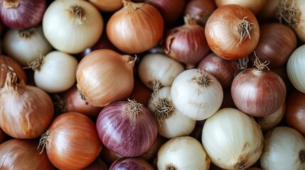 61.A rustic pile of freshly harvested Allium Cepa onions, stacked in a natural arrangement to showcase their varying sizes, shapes, and papery textures. The soft, earthy tones emphasize their