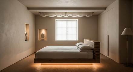 Floating Platform Bed with Terracotta Limewash Arch Wall