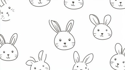 31.A seamless kawaii pattern of hand-drawn bunny faces, each with expressive, tiny eyes and soft rounded ears, neatly scattered on a clean white background. The delicate fine-line art gives a playful