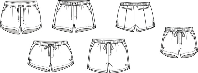 CAD drawing flat vector illustration of assorted drawstring shorts designs fashion garment template with front and back view details