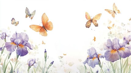 Fototapeta premium 50.A sophisticated nature-inspired composition with an artistic blend of soft watercolor-style irises and meticulously detailed butterflies. The empty space above frames the scene elegantly, allowing