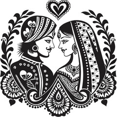 Intricate Indian Wedding Illustration of a Bride and Groom Encased in a Heart Shaped Floral Design Black and White