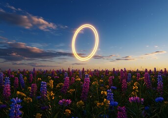 黄昏の環と花畑