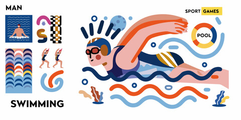 Stylized illustration of a male swimmer in a pool with abstract shapes and sport games text