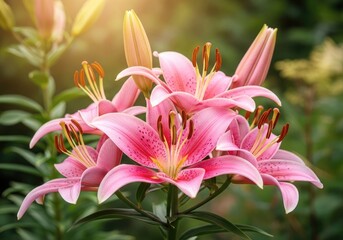 Bright Pink Lilies with Yellow Stamens and Green Leaves in Natural Light