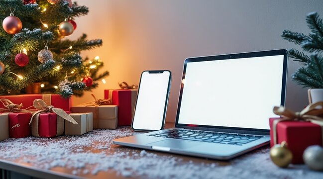 Laptop and smartphone with blank screens next to christmas tree and gift boxes