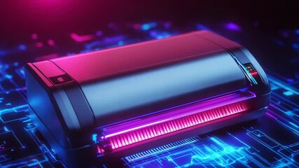 Futuristic scanner processing data on neon circuit board - Powered by Adobe