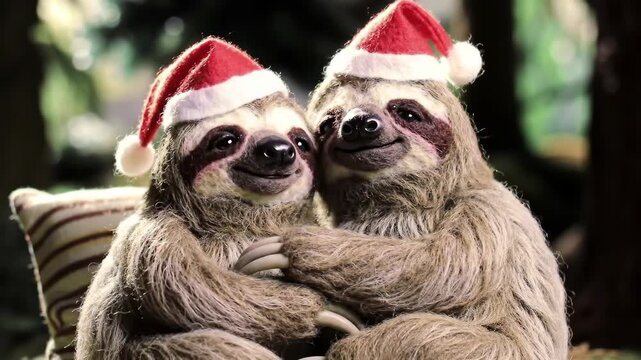 Stop-motion Christmas sloths hugging in Santa hats, festive holiday animation style  