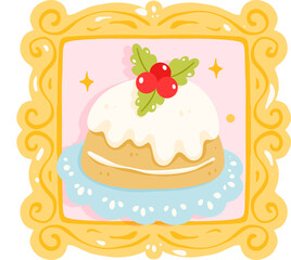 Christmas Pudding Wall Art Print, Cute Holiday Dessert Illustration, Gold Frame Festive Kitchen Decor, Xmas Printable Poster