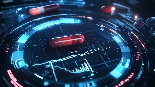 Red pill resting on futuristic holographic interface displaying medical data analysis