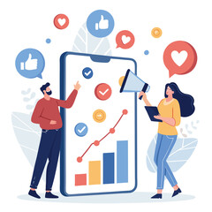 Vector art of marketing team promoting business growth and success on social media with mobile app flat vector illustration