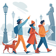 Vector art of people with a dog are walking on the street in the city with a statue and street lamps, enjoying tourism and travel
