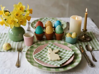 easter table setting with green gingham napkins, pink plates, and bunny-shaped cookies on pastel-colored eggshells