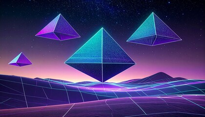 Floating pyramids, retro landscape