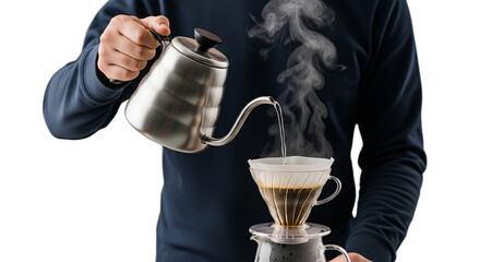 Hands precisely pouring hot water from a gooseneck kettle into a pour-over coffee dripper, crafting fresh morning brew, ideal for artisanal coffee blogs, cafe promotions, or home barista content,