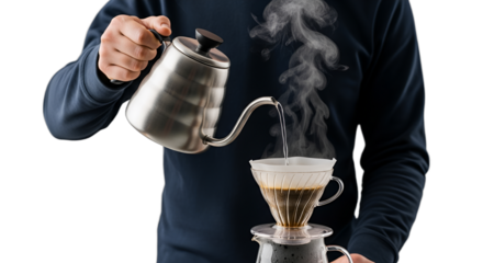 Hands precisely pouring hot water from a gooseneck kettle into a pour-over coffee dripper, crafting fresh morning brew, ideal for artisanal coffee blogs, cafe promotions, or home barista content,