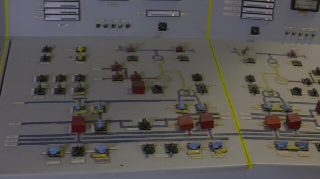 Electrical Control Panel Of Chernobyl Nuclear Power Plant In Northern Ukraine. Close-up Tracking Shot