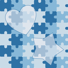Seamless puzzle pattern background in blue shades with abstract heart and star shapes. 